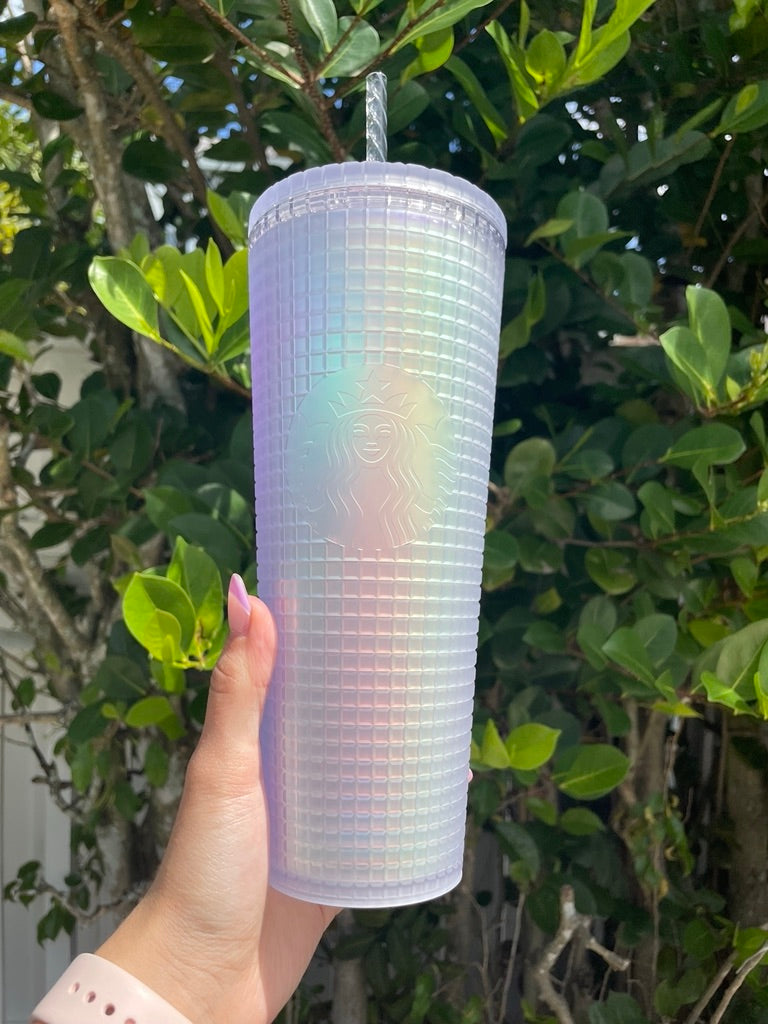 starbucks 24 oz rainbow iridescent soft touch grid plastic tumbler