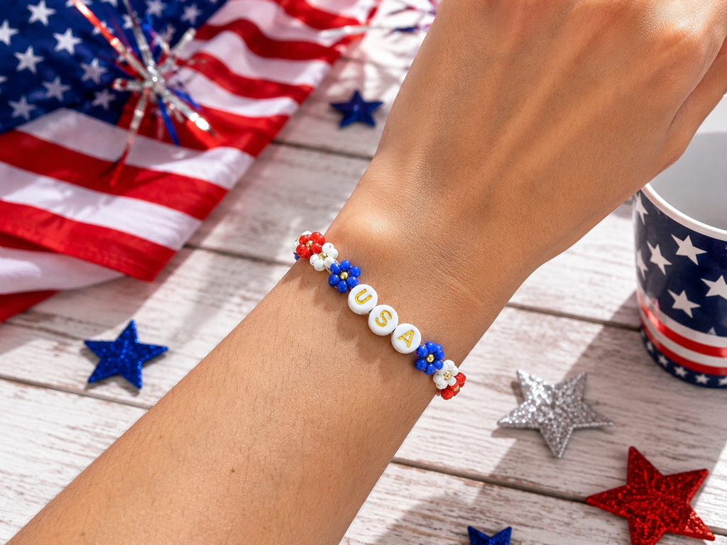 USA flower beaded bracelet | Fourth of july Beaded jewelry | red white and blue