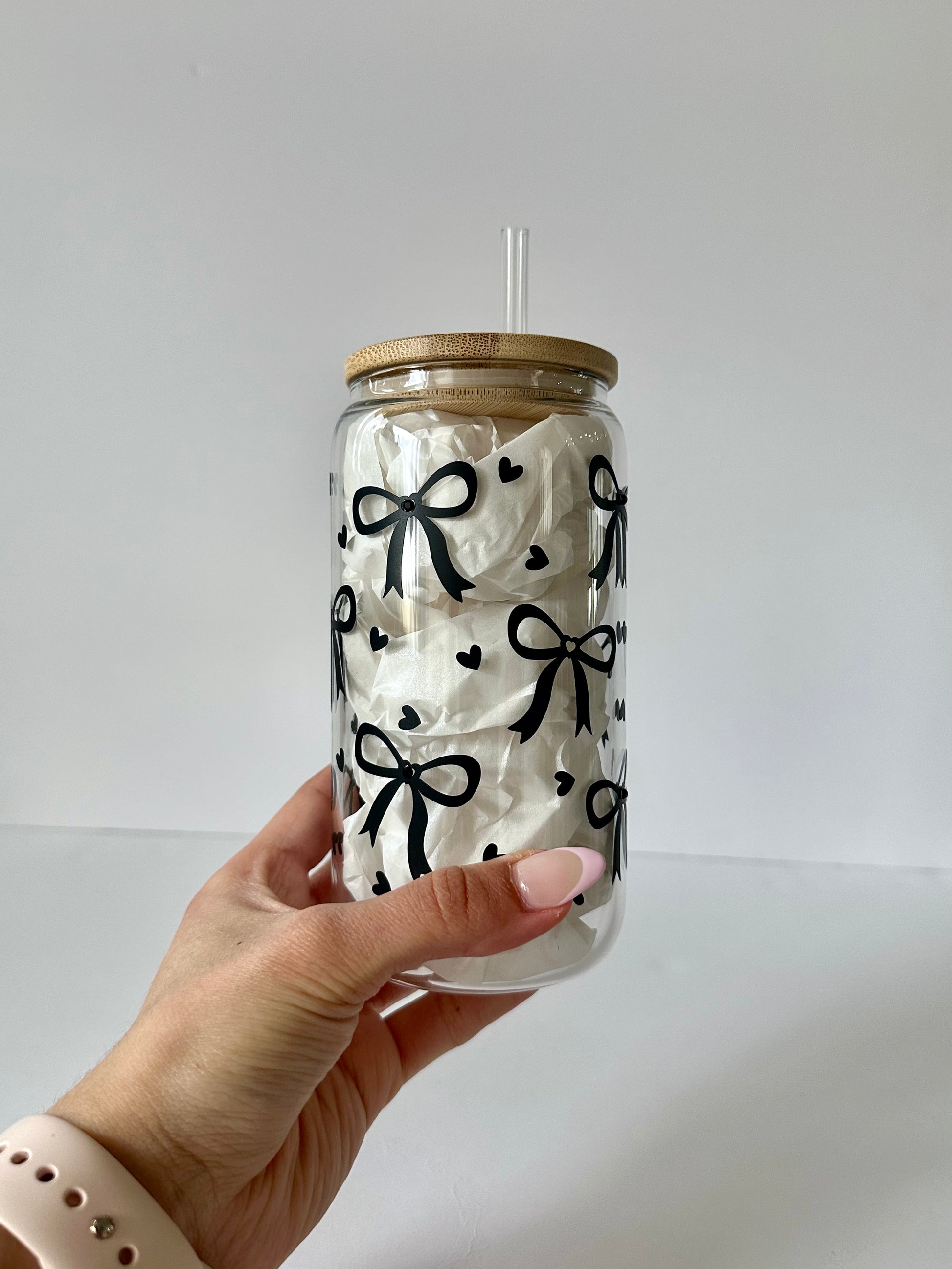 16 oz Rhinestone Bow Libbey Glass Cup with Bamboo Lid & Straw