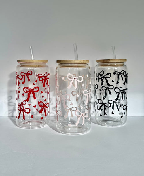 16 oz Rhinestone Bow Libbey Glass Cup with Bamboo Lid & Straw