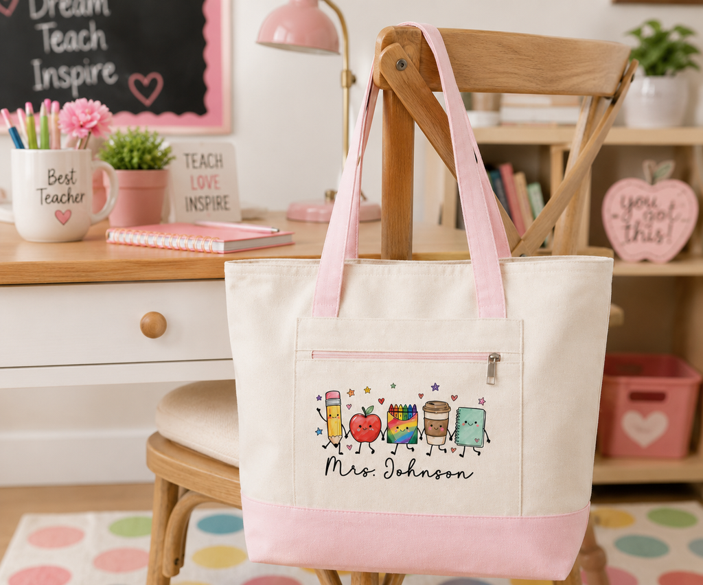 Cute School Supplies Canvas Tote — Personalized "Mrs. Johnson" Zippered Teacher Bag