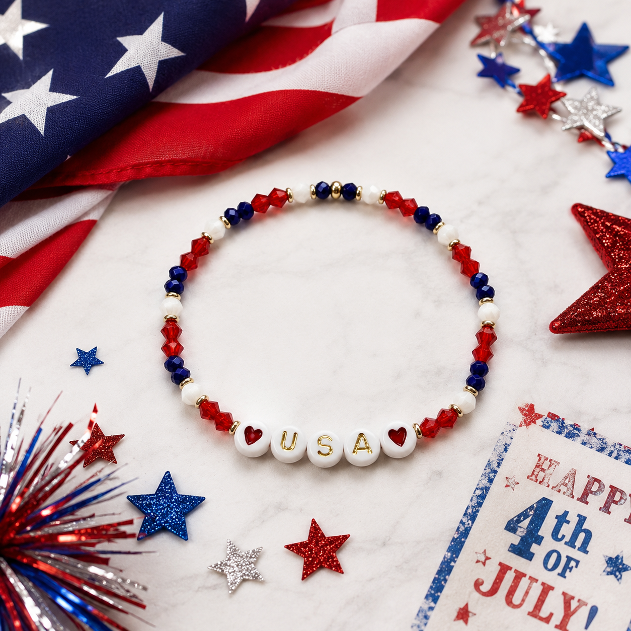 USA charm bracelet | Fourth of july Beaded jewelry | red white and blue