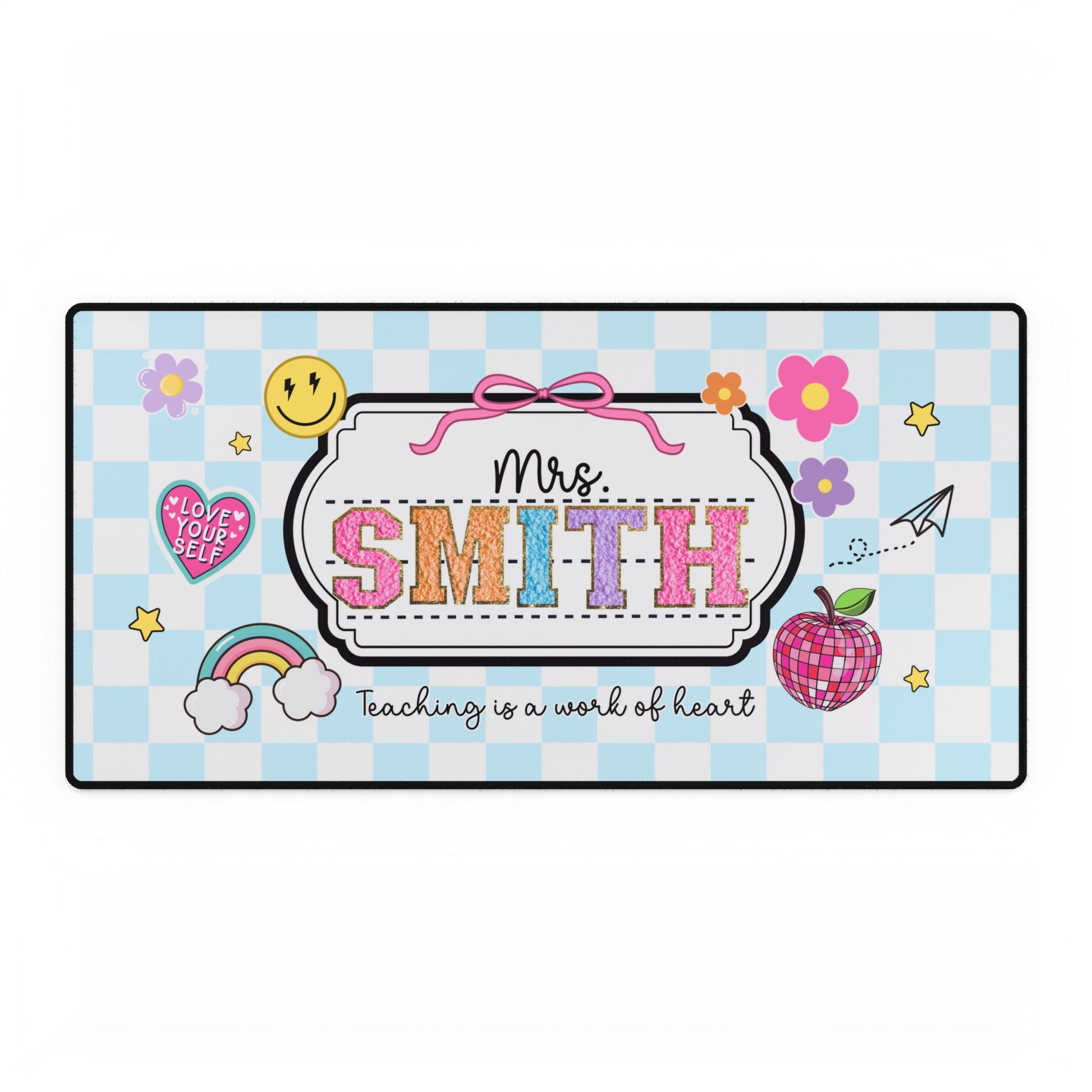 Personalized teacher nameplate with colorful design and text on a checkered background