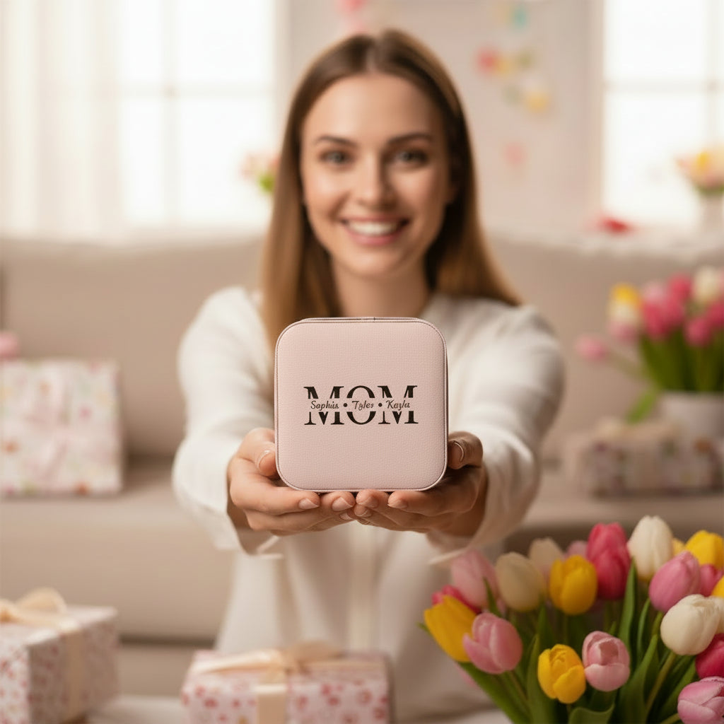 Personalized 'MOM' Jewelry Travel Case – Compact Pink Organizer for Rings, Earrings & Necklaces