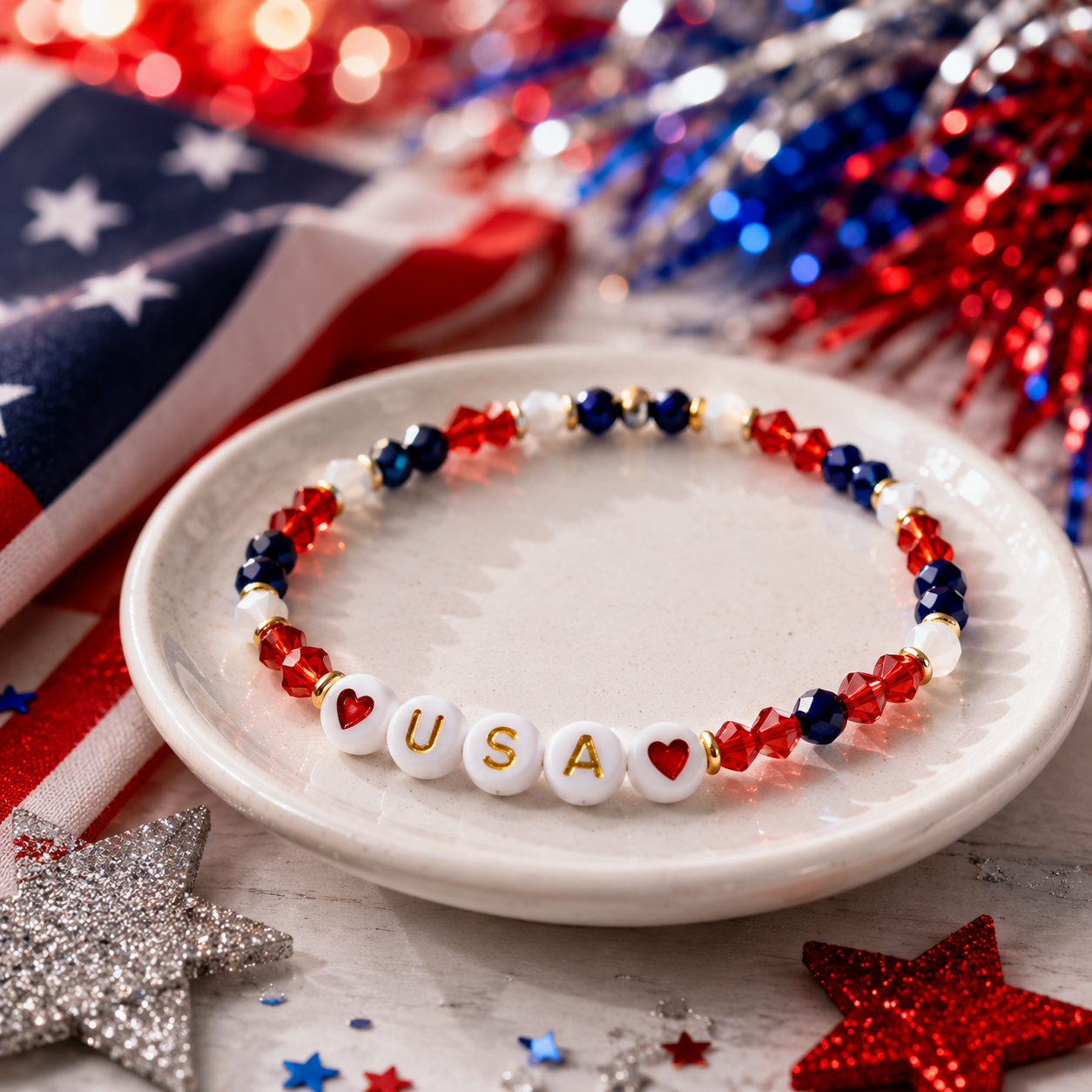 USA charm bracelet | Fourth of july Beaded jewelry | red white and blue