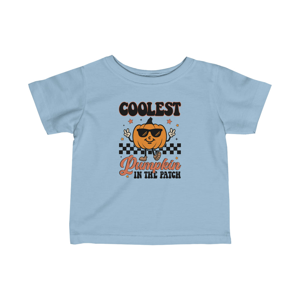 Light blue toddler t-shirt that says coolest pumpkin in the patch 