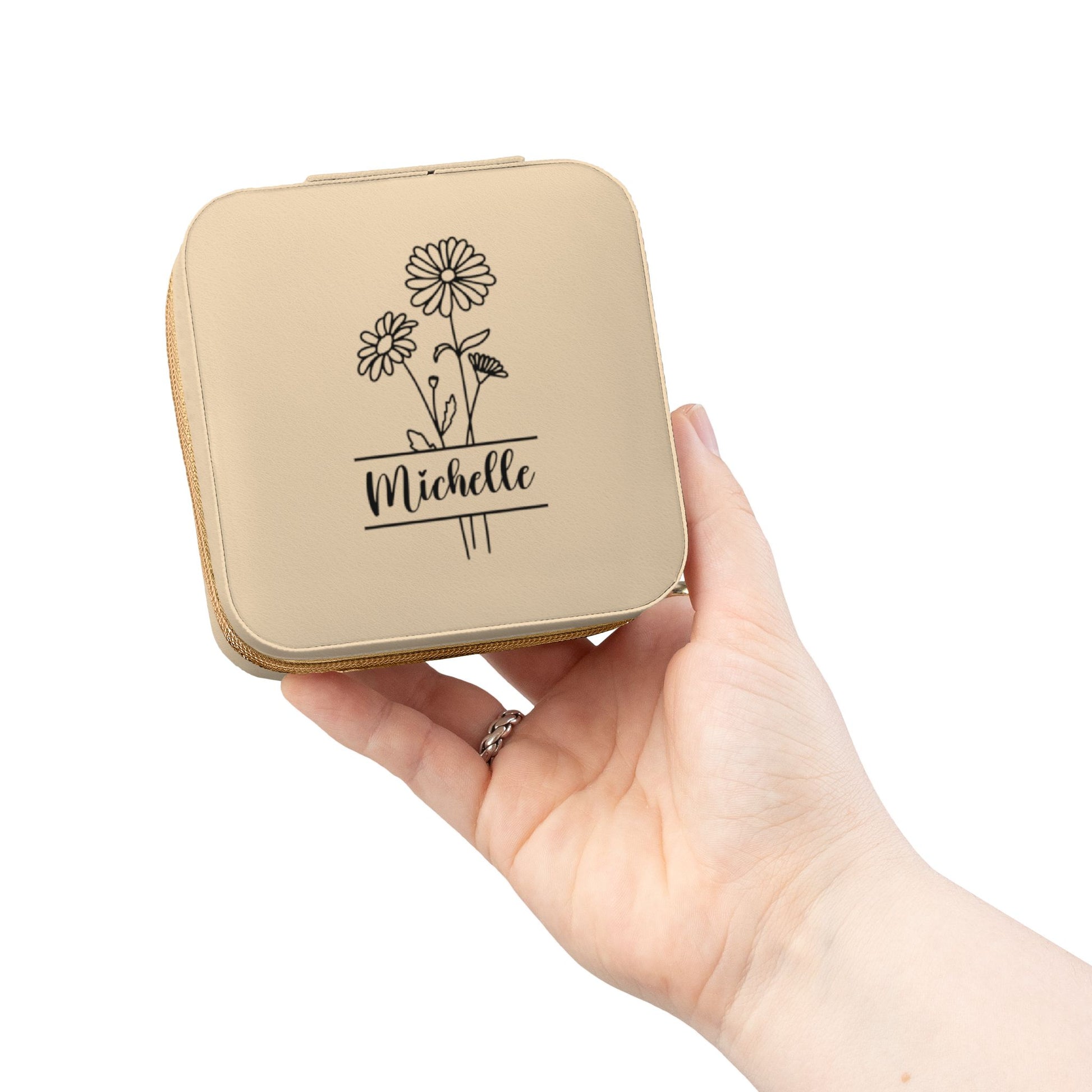 Personalized Floral Jewelry Travel Case – Compact Ring & Earring Organizer (Custom Name "Michelle")
