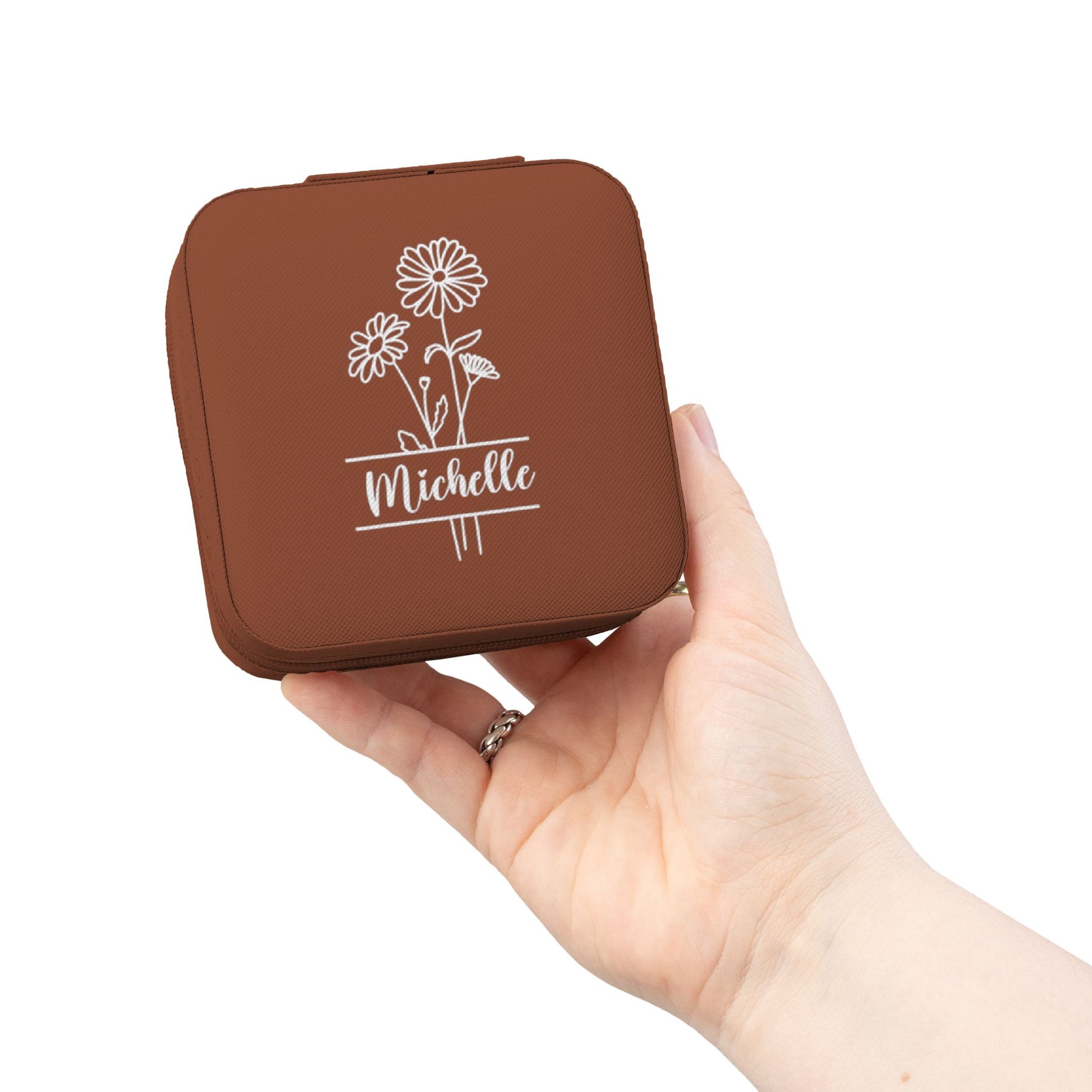 Personalized Floral Jewelry Travel Case – Compact Ring & Earring Organizer (Custom Name "Michelle")