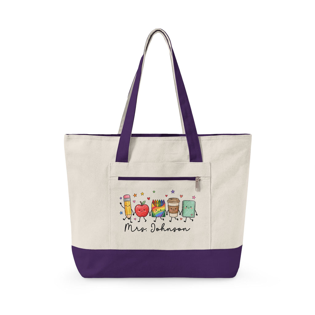 Cute School Supplies Canvas Tote — Personalized "Mrs. Johnson" Zippered Teacher Bag
