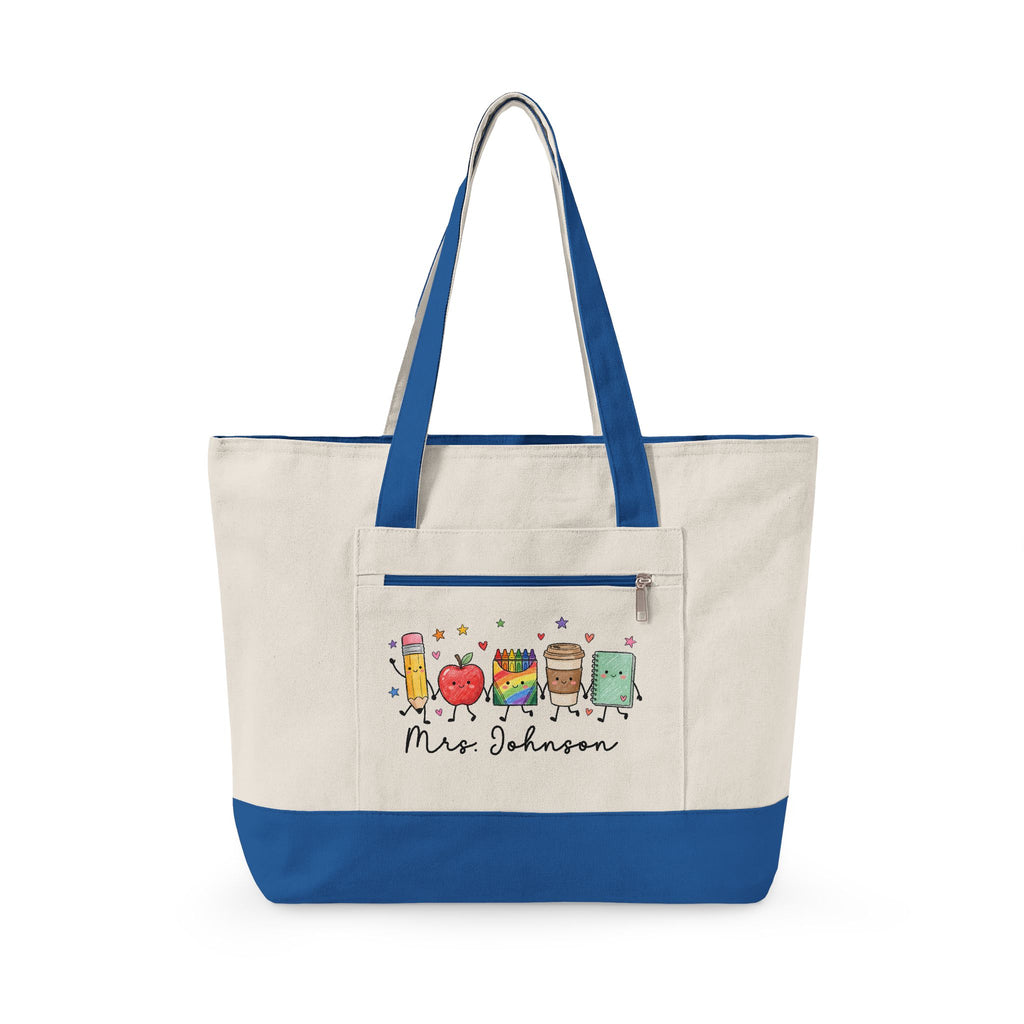 Cute School Supplies Canvas Tote — Personalized "Mrs. Johnson" Zippered Teacher Bag