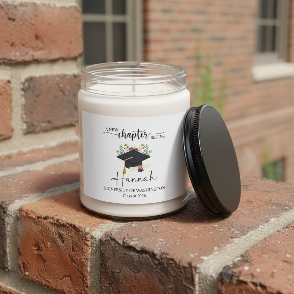 Graduation Soy Candle — "A New Chapter Begins" Personalized 9oz Gift (Custom Name & School)