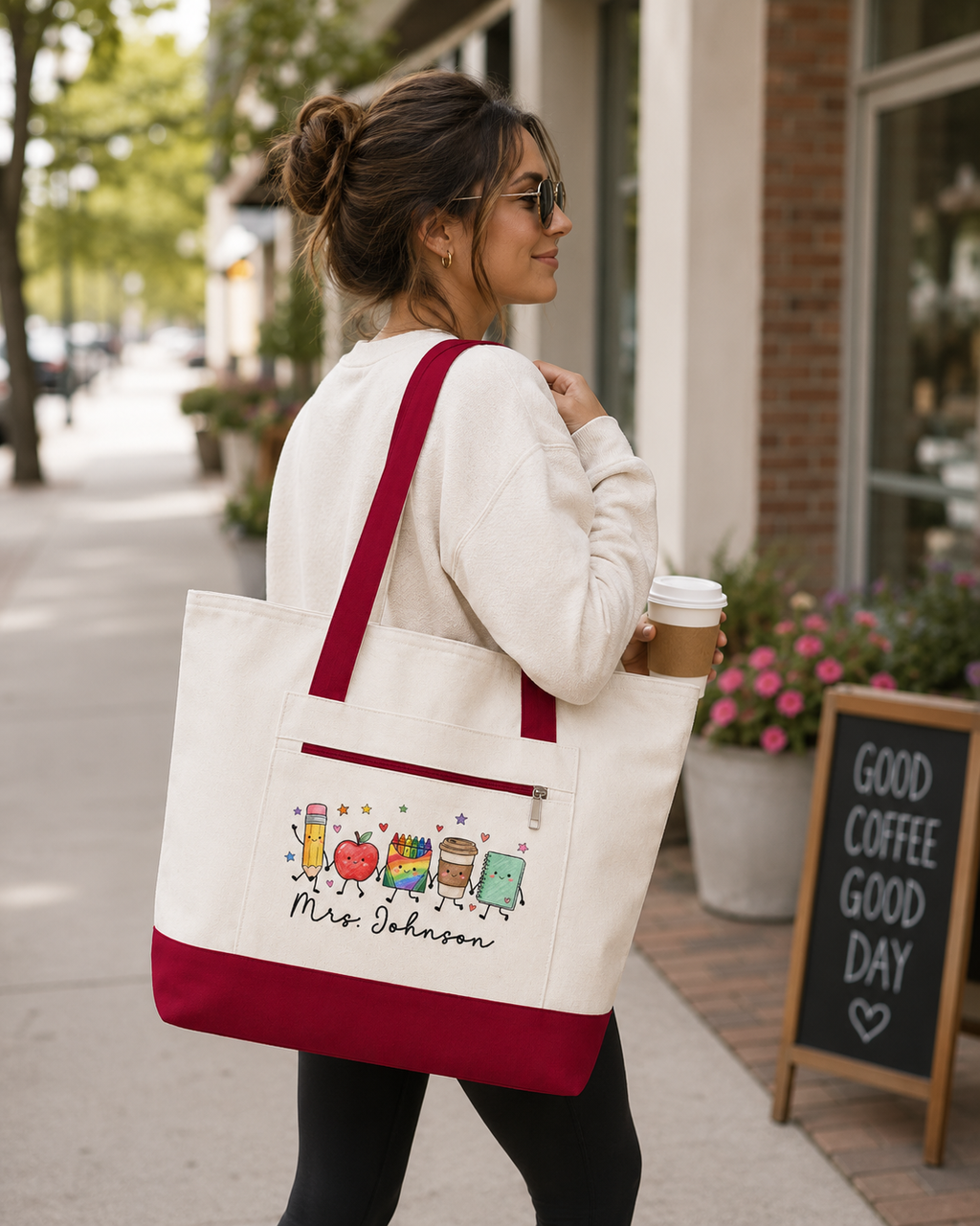 Cute School Supplies Canvas Tote — Personalized "Mrs. Johnson" Zippered Teacher Bag