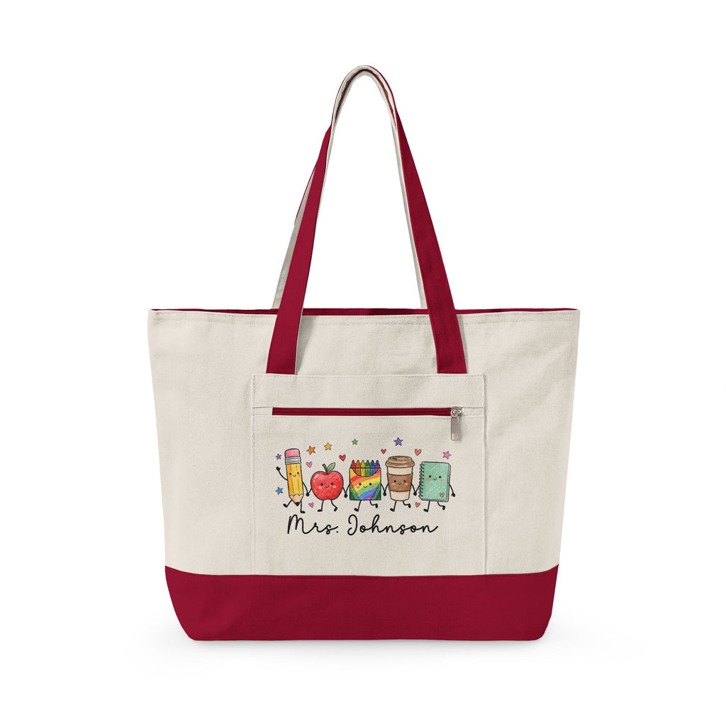 Cute School Supplies Canvas Tote — Personalized "Mrs. Johnson" Zippered Teacher Bag