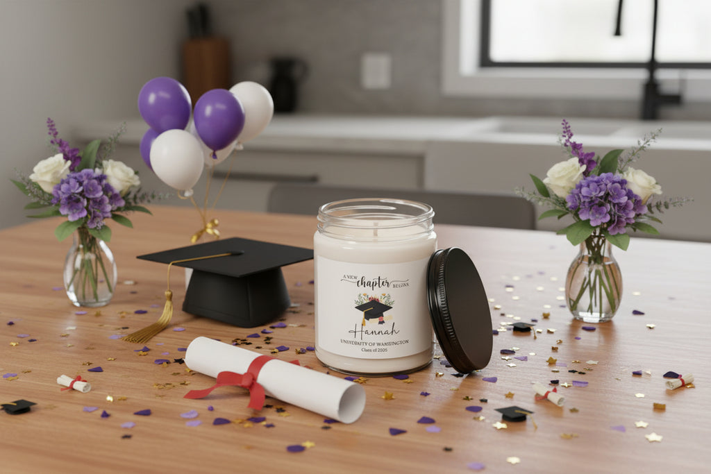 Graduation Soy Candle — "A New Chapter Begins" Personalized 9oz Gift (Custom Name & School)