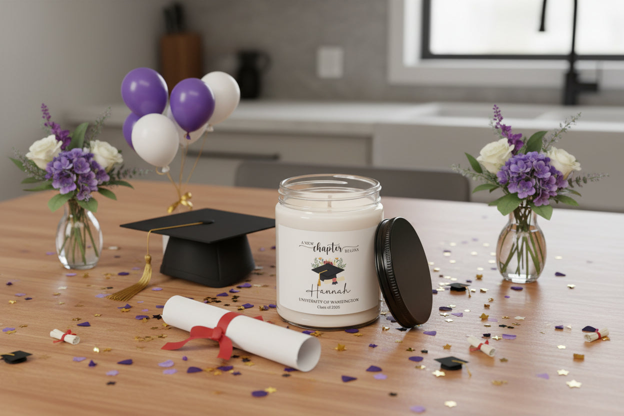Graduation Soy Candle — "A New Chapter Begins" Personalized 9oz Gift (Custom Name & School)