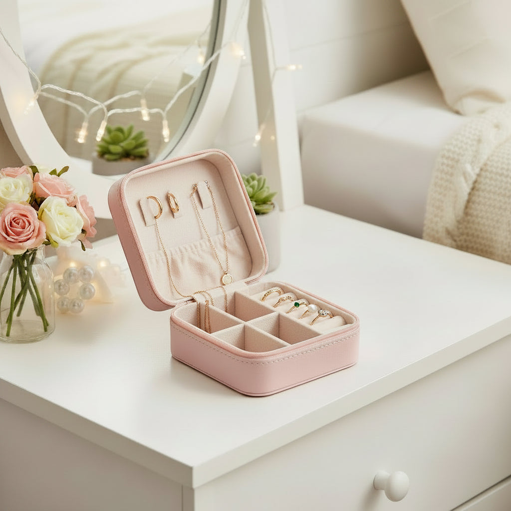 Pink jewelry box with rings on a white nightstand table next to flowers and a mirror.