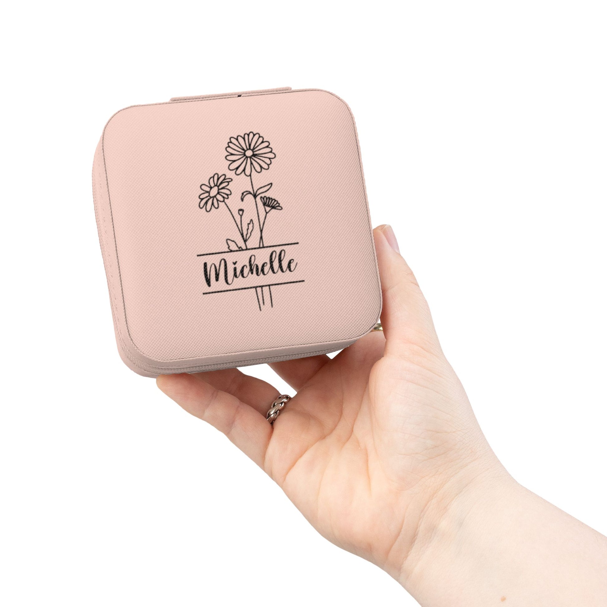 Personalized Floral Jewelry Travel Case – Compact Ring & Earring Organizer (Custom Name "Michelle")