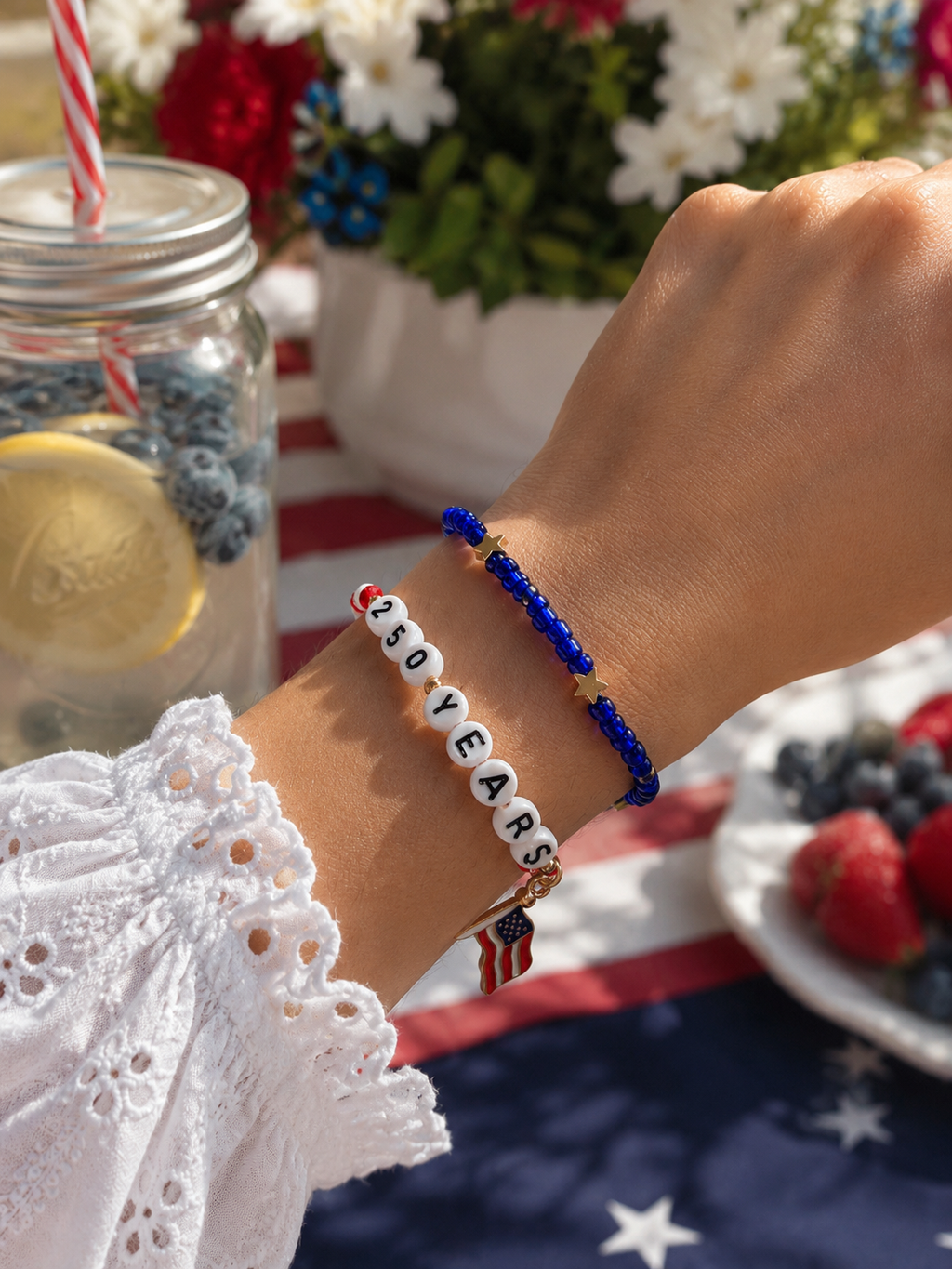 250 Years Patriotic Bracelet Set – Red White & Blue Fourth of July Beaded Stack Bracelets with American Flag Charm 🇺🇸✨