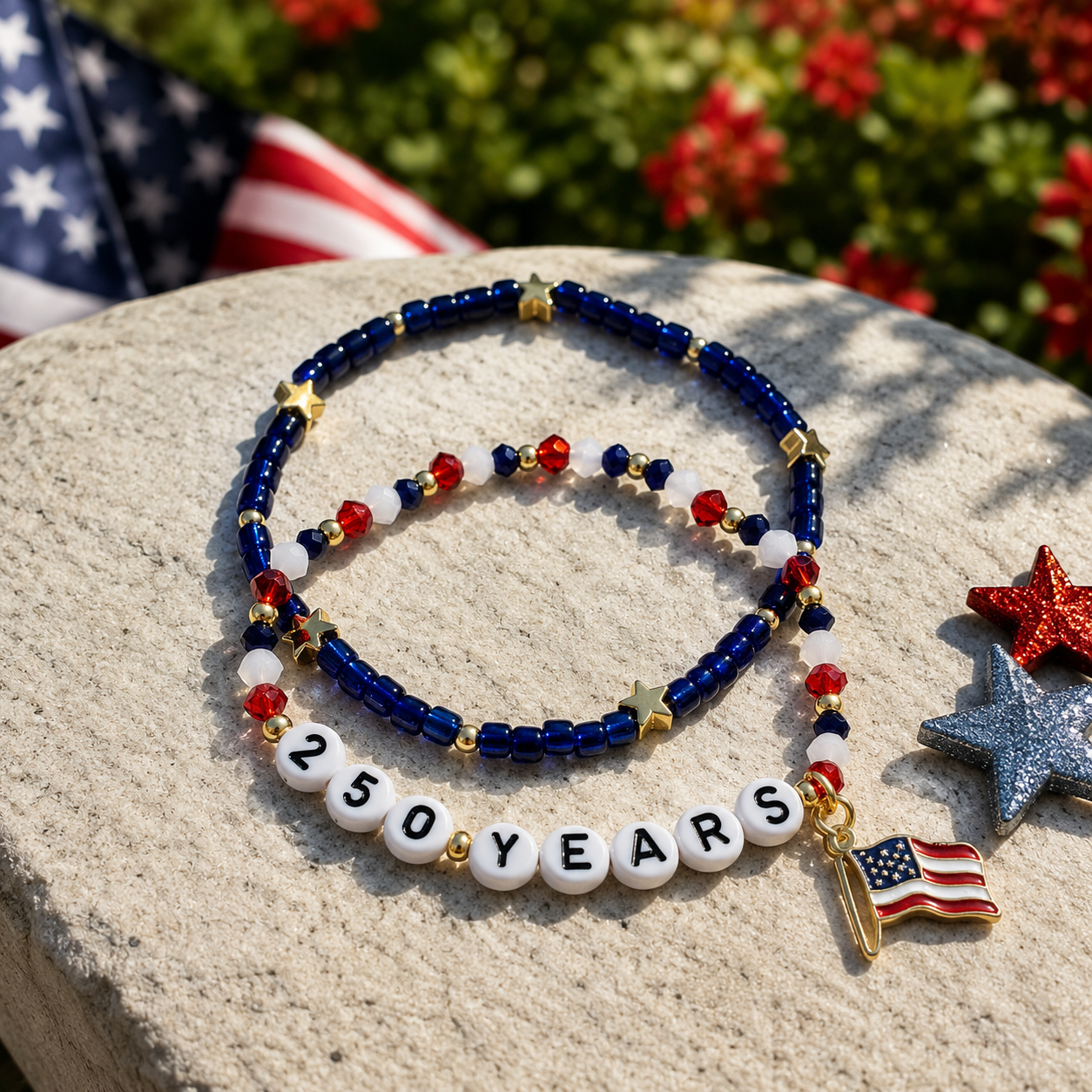 250 Years Patriotic Bracelet Set – Red White & Blue Fourth of July Beaded Stack Bracelets with American Flag Charm 🇺🇸✨