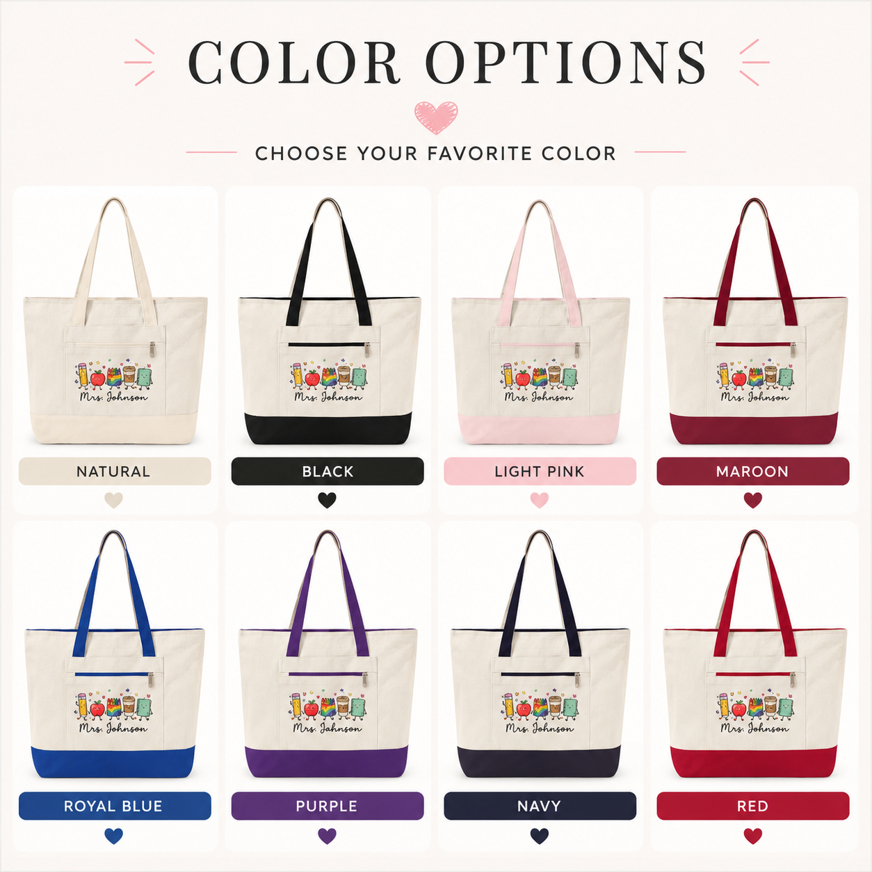 Cute School Supplies Canvas Tote — Personalized "Mrs. Johnson" Zippered Teacher Bag