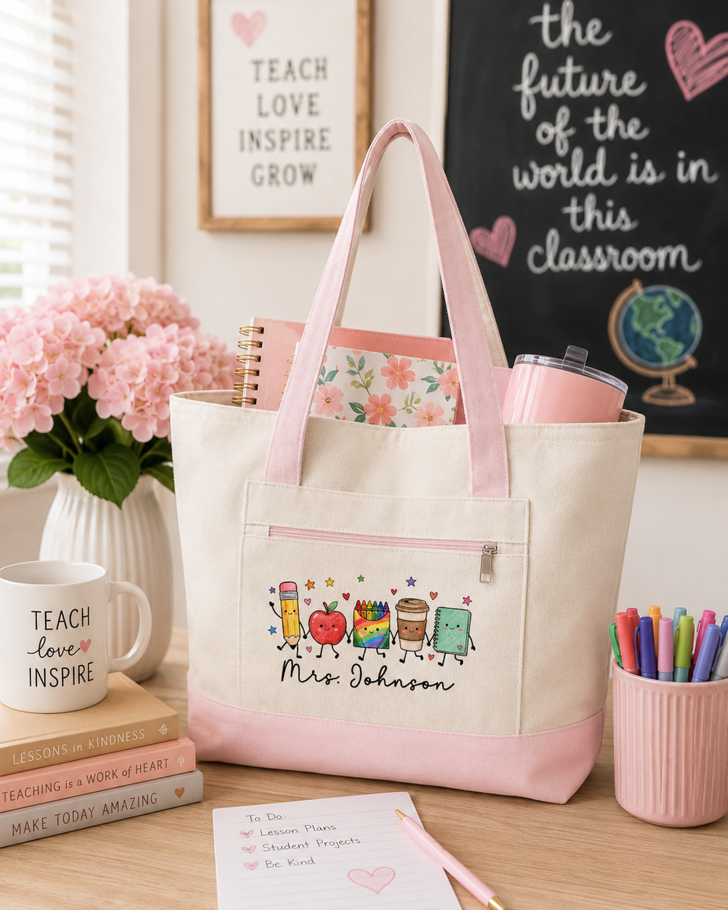Cute School Supplies Canvas Tote — Personalized "Mrs. Johnson" Zippered Teacher Bag