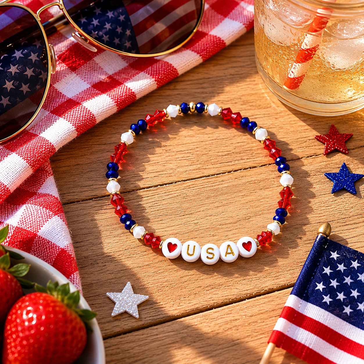USA charm bracelet | Fourth of july Beaded jewelry | red white and blue