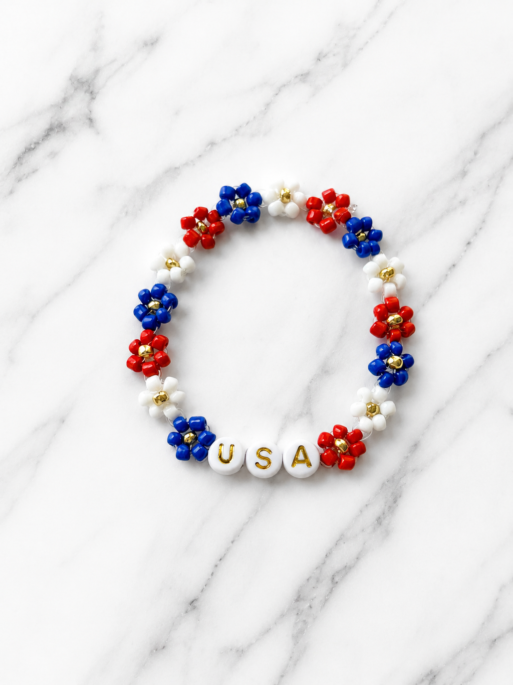 USA flower beaded bracelet | Fourth of july Beaded jewelry | red white and blue