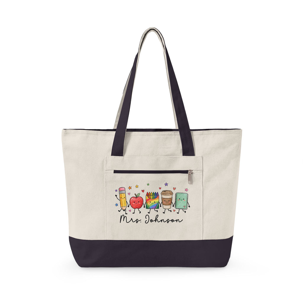 Cute School Supplies Canvas Tote — Personalized "Mrs. Johnson" Zippered Teacher Bag