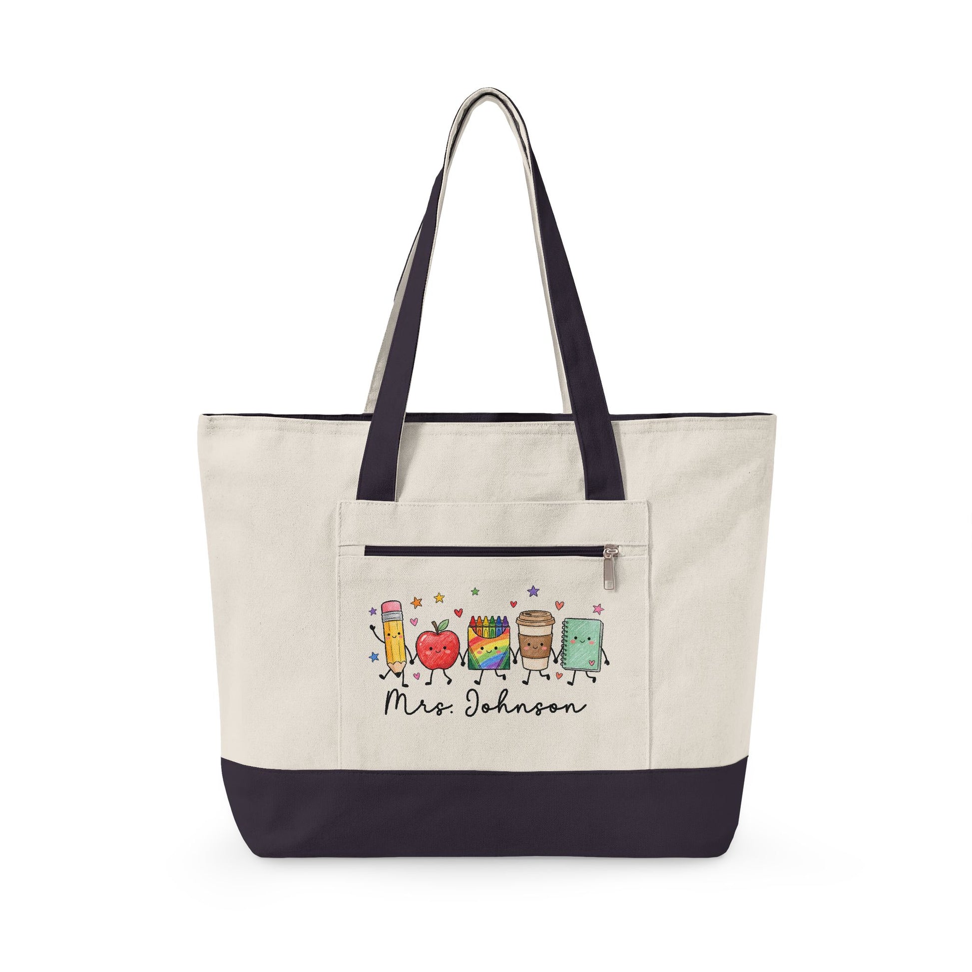 Cute School Supplies Canvas Tote — Personalized "Mrs. Johnson" Zippered Teacher Bag