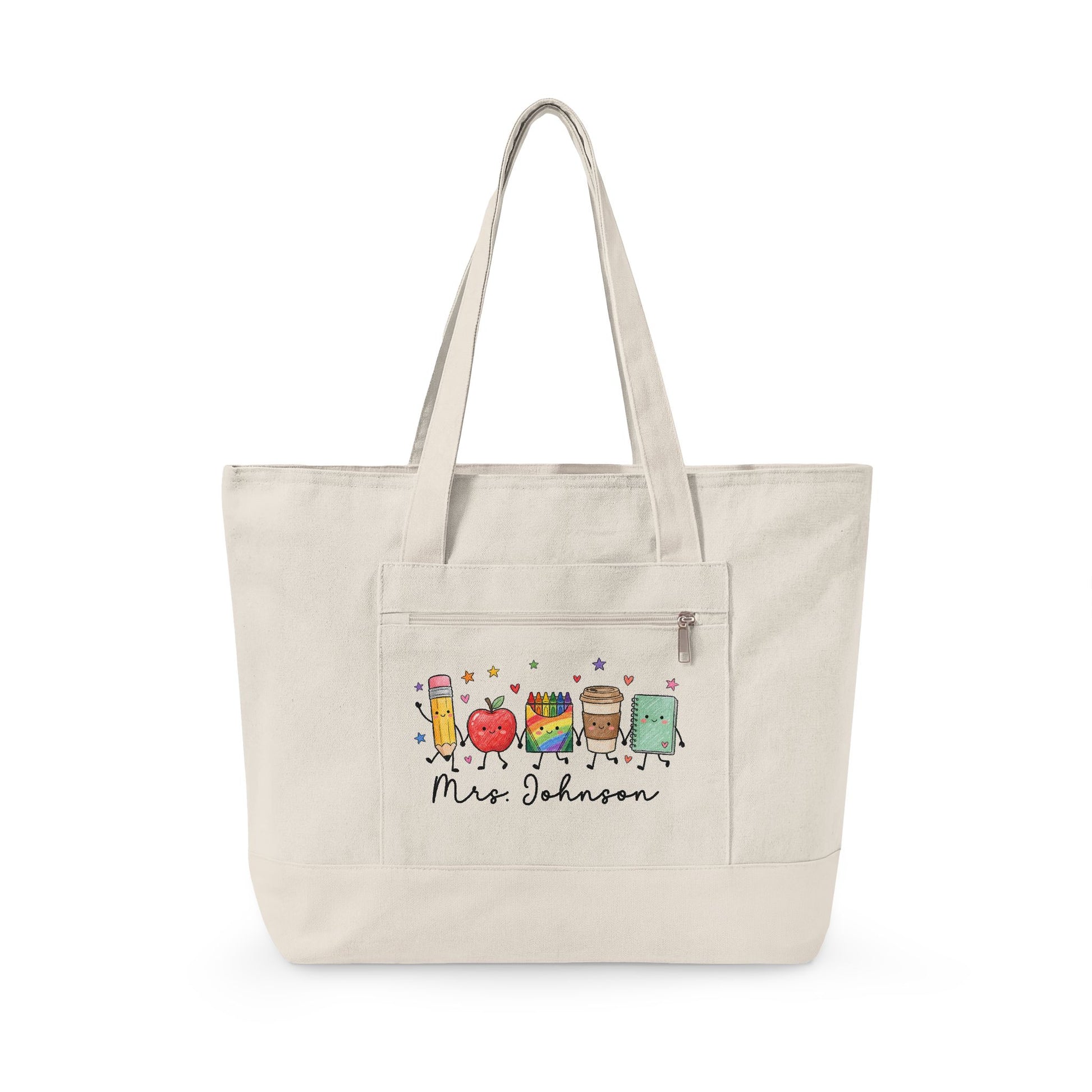 Cute School Supplies Canvas Tote — Personalized "Mrs. Johnson" Zippered Teacher Bag