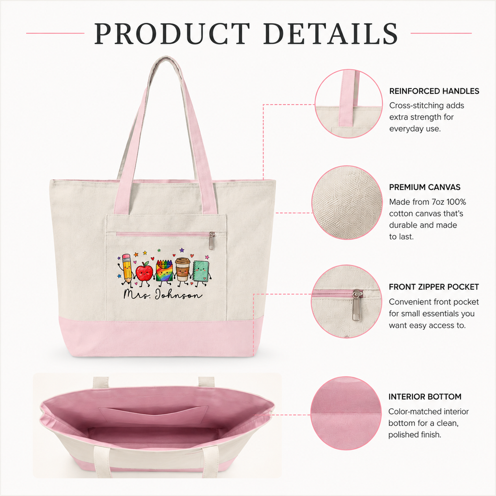 Cute School Supplies Canvas Tote — Personalized "Mrs. Johnson" Zippered Teacher Bag