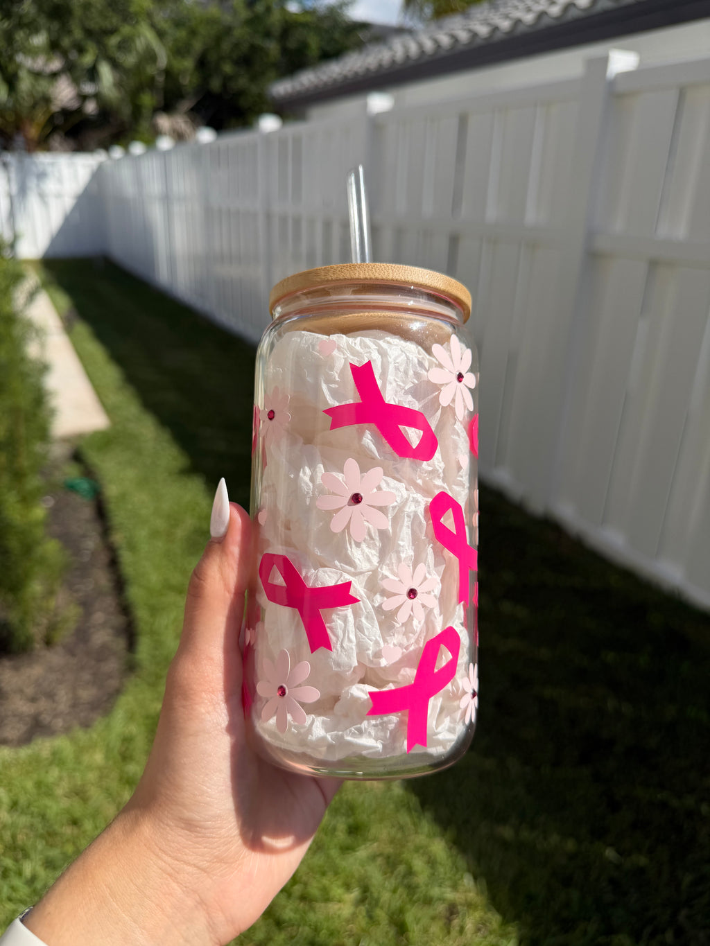 Personalized Floral Breast Cancer Glass Cup