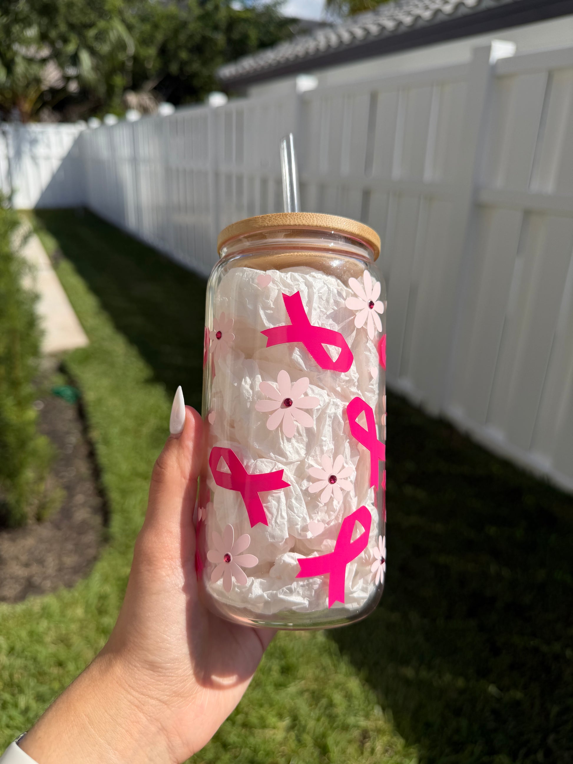 Personalized Floral Breast Cancer Glass Cup