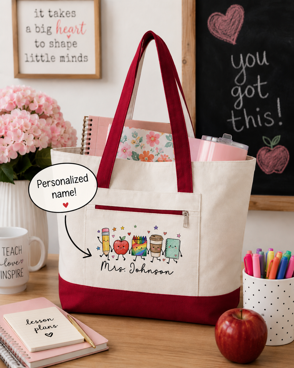 Cute School Supplies Canvas Tote — Personalized "Mrs. Johnson" Zippered Teacher Bag