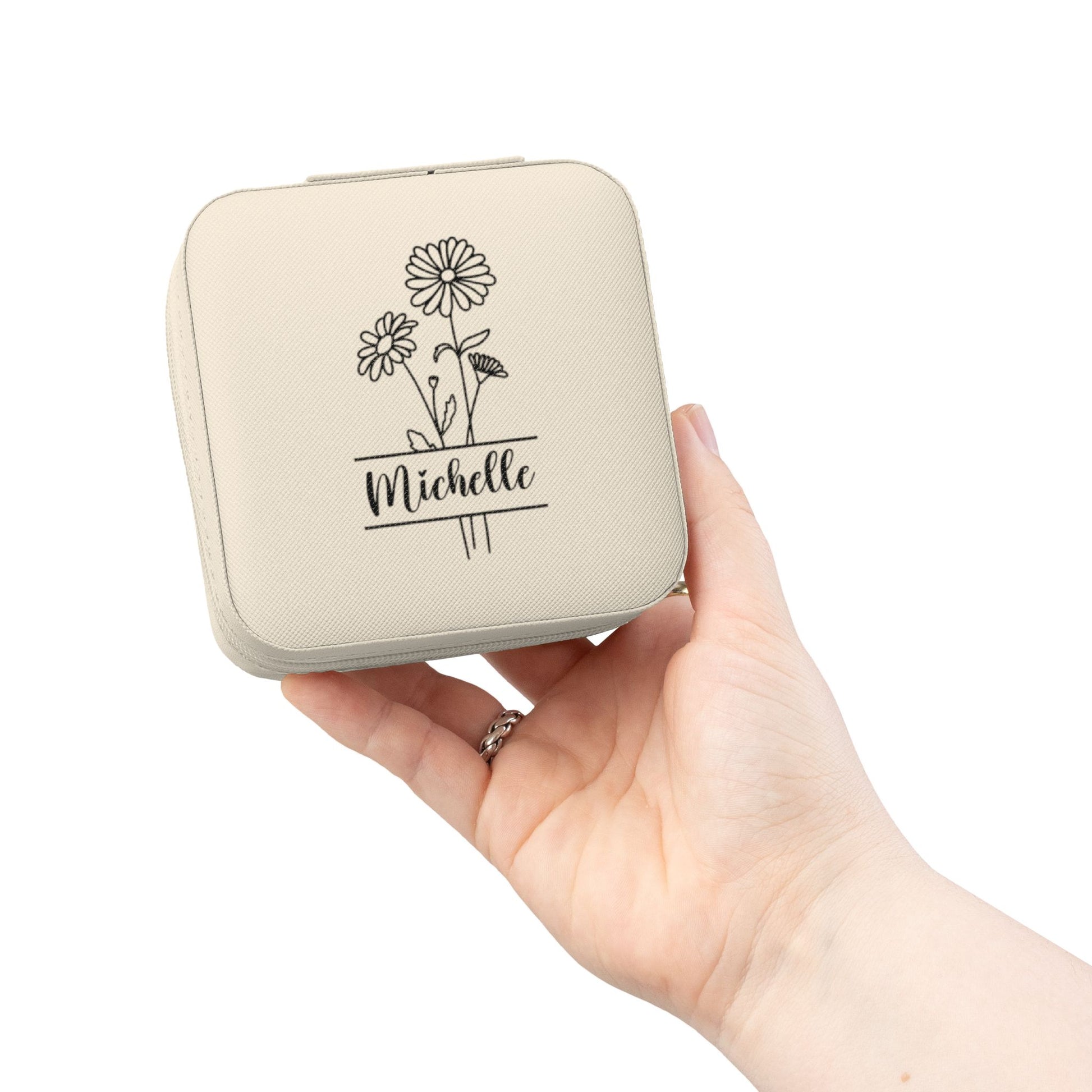Personalized Floral Jewelry Travel Case – Compact Ring & Earring Organizer (Custom Name "Michelle")