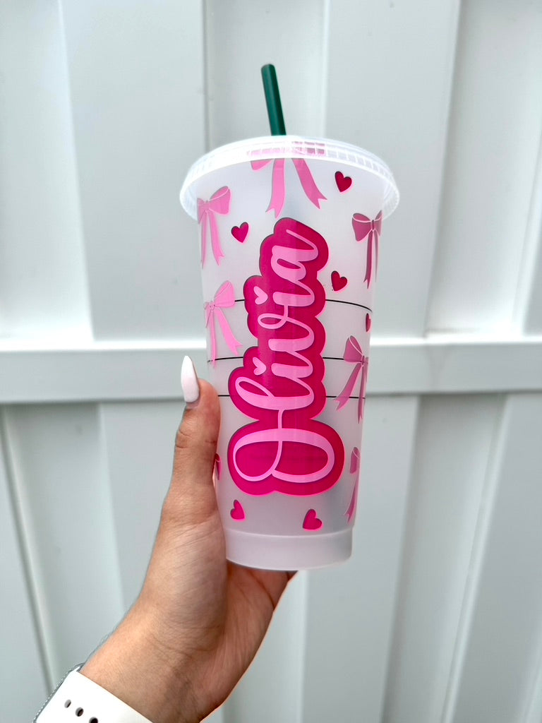Custom reusable Pink Bow cold cup