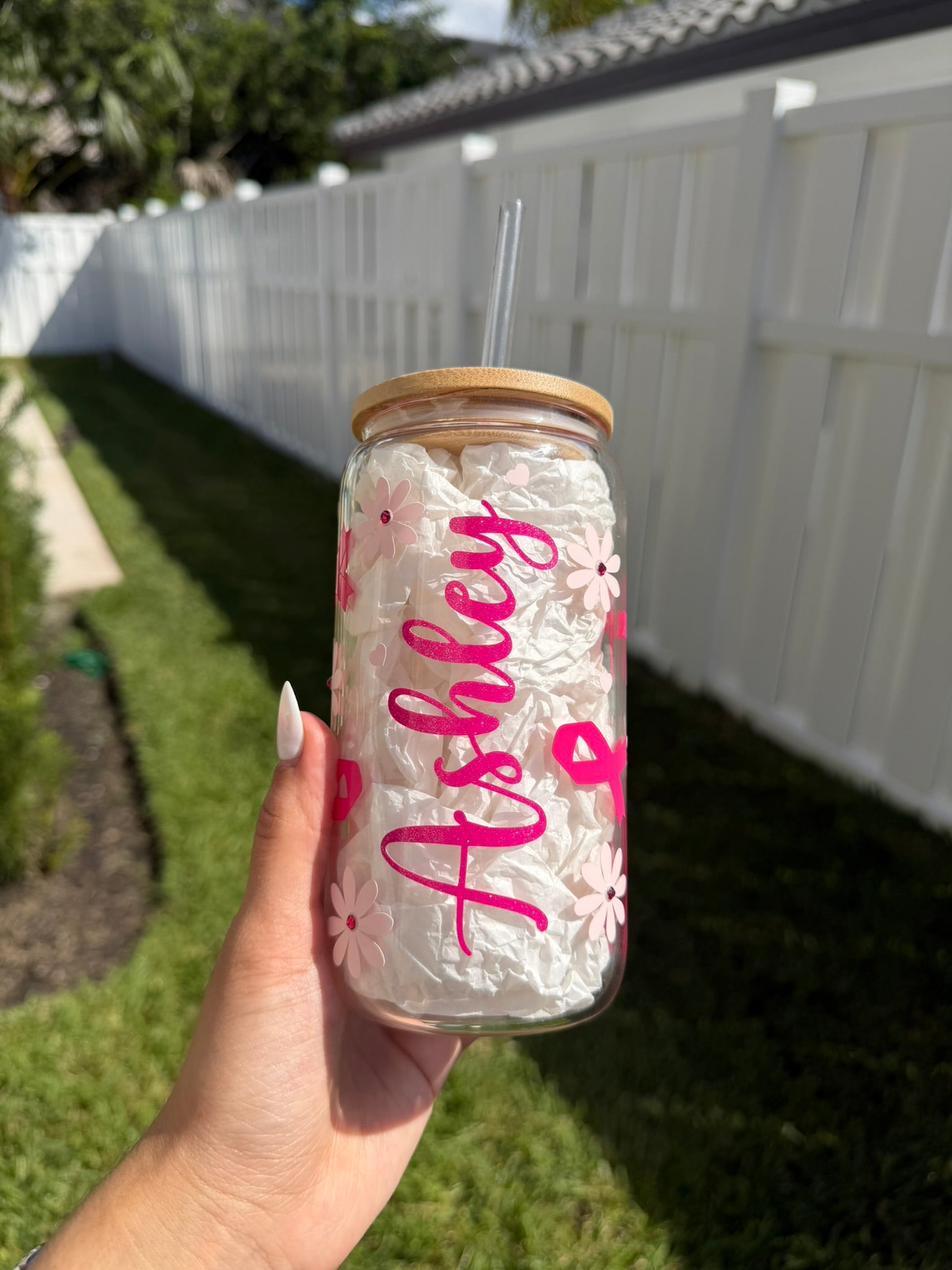 Personalized Floral Breast Cancer Glass Cup