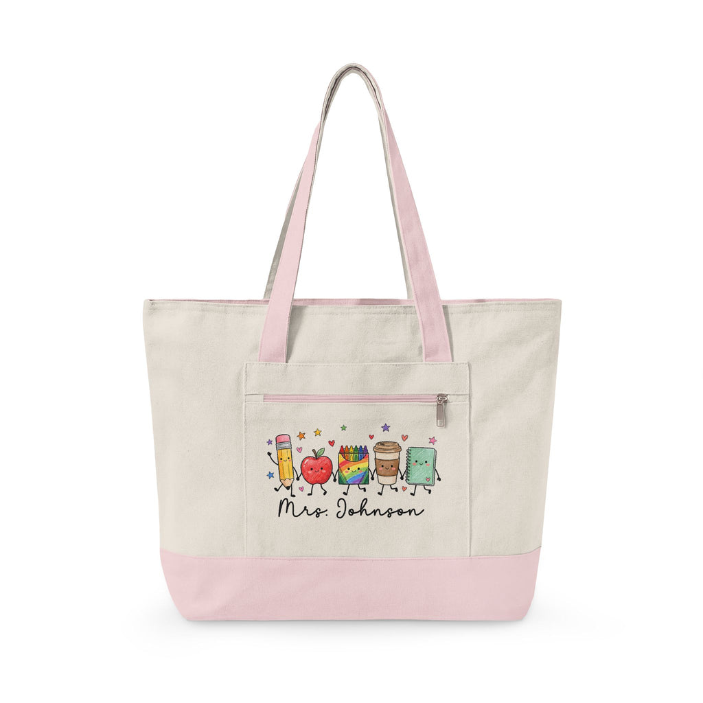 Cute School Supplies Canvas Tote — Personalized "Mrs. Johnson" Zippered Teacher Bag