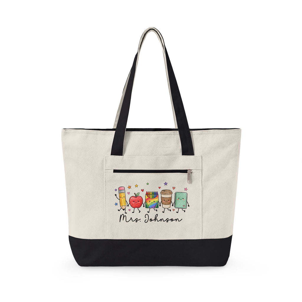 Cute School Supplies Canvas Tote — Personalized "Mrs. Johnson" Zippered Teacher Bag
