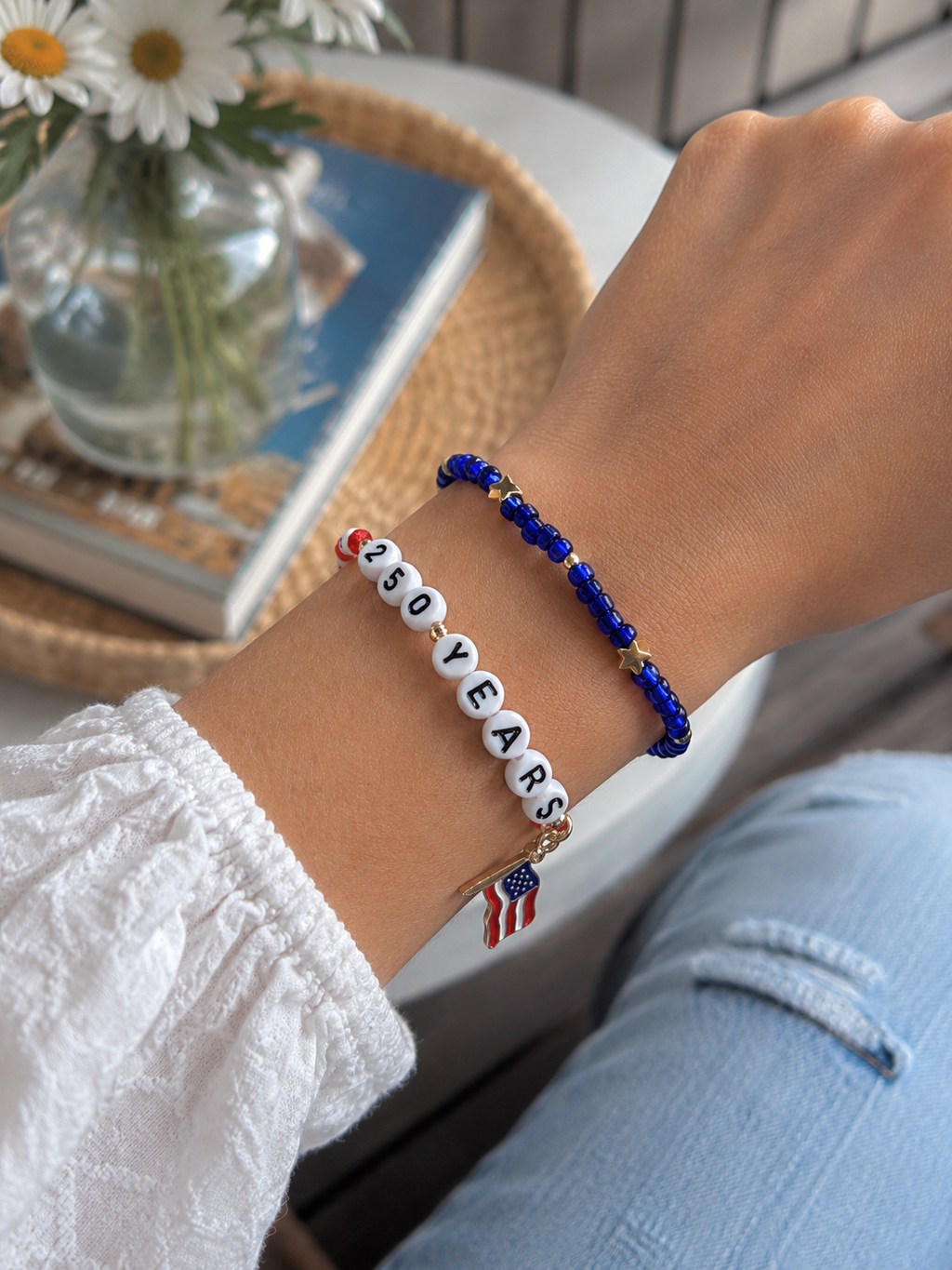 250 Years Patriotic Bracelet Set – Red White & Blue Fourth of July Beaded Stack Bracelets with American Flag Charm 🇺🇸✨