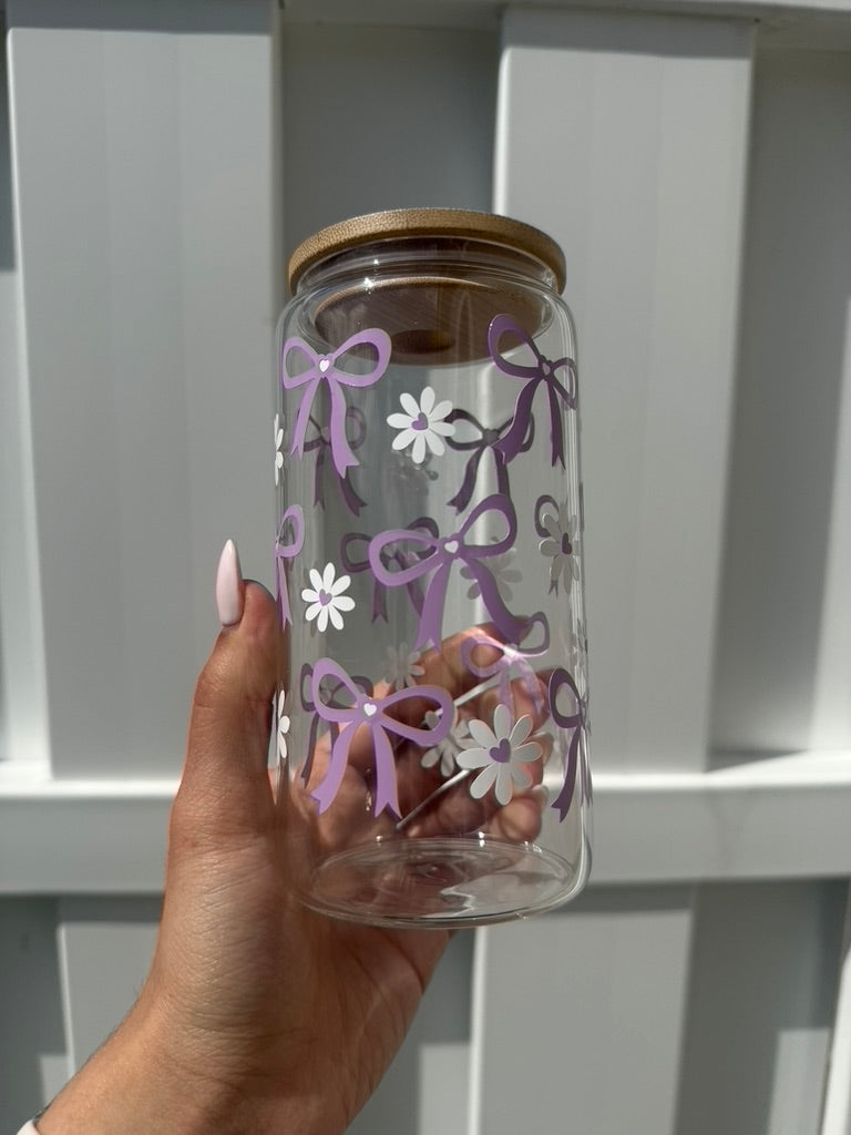 16 oz Floral Bow Libbey Glass Cup with Bamboo Lid & Straw