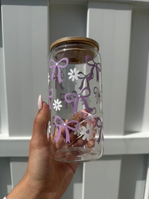 16 oz Floral Bow Libbey Glass Cup with Bamboo Lid & Straw