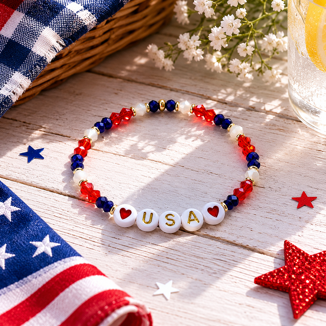 USA charm bracelet | Fourth of july Beaded jewelry | red white and blue
