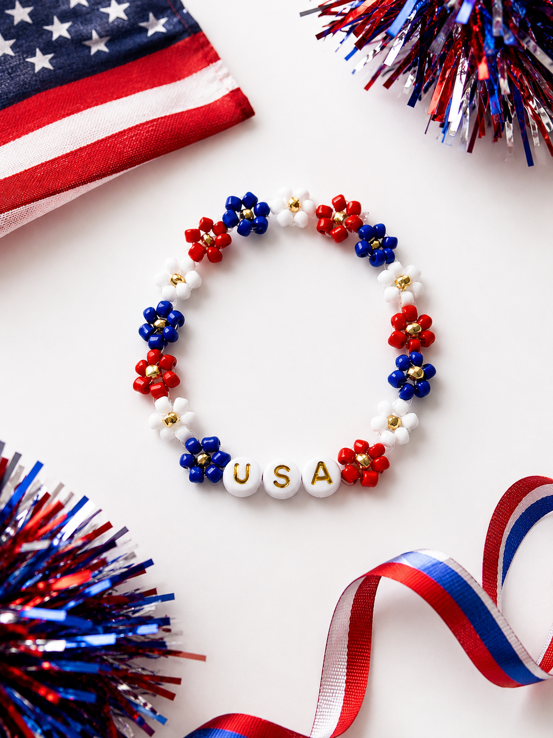 USA flower beaded bracelet | Fourth of july Beaded jewelry | red white and blue