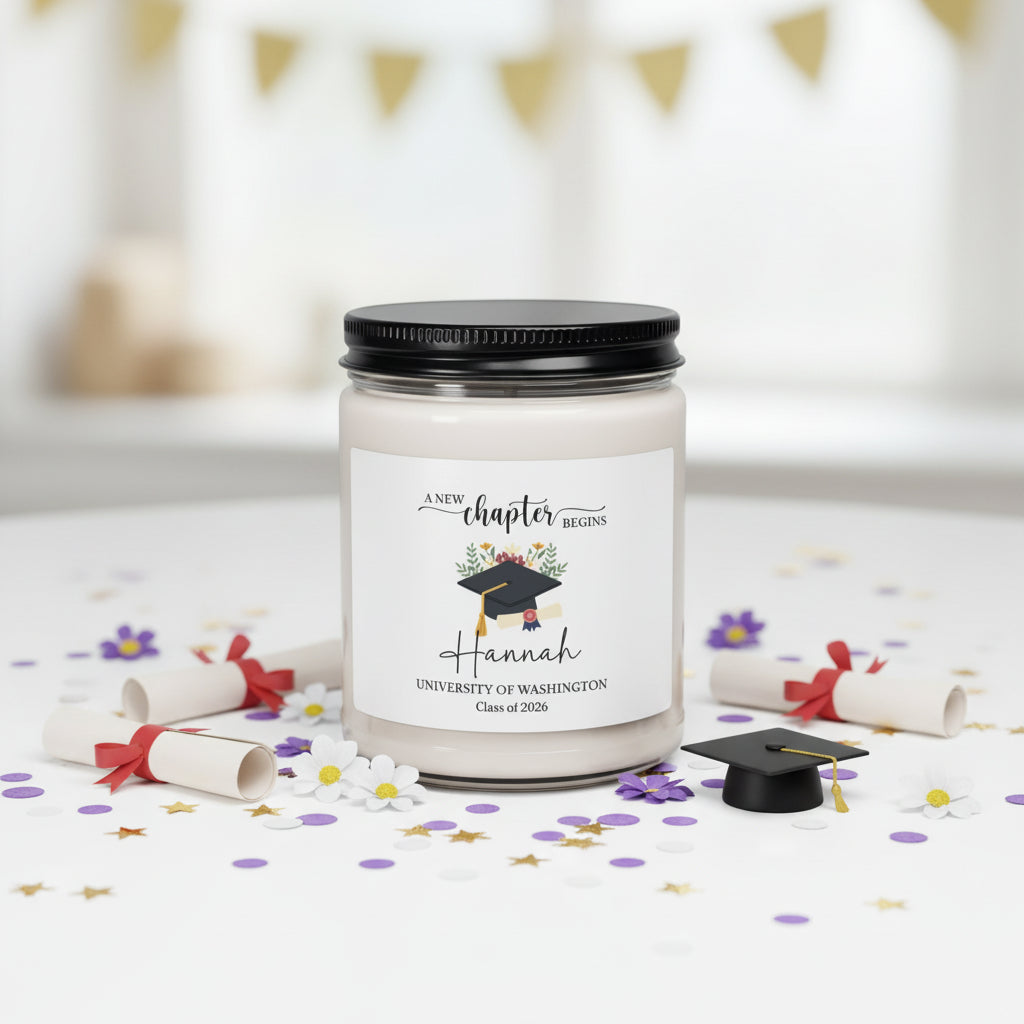 Graduation Soy Candle — "A New Chapter Begins" Personalized 9oz Gift (Custom Name & School)