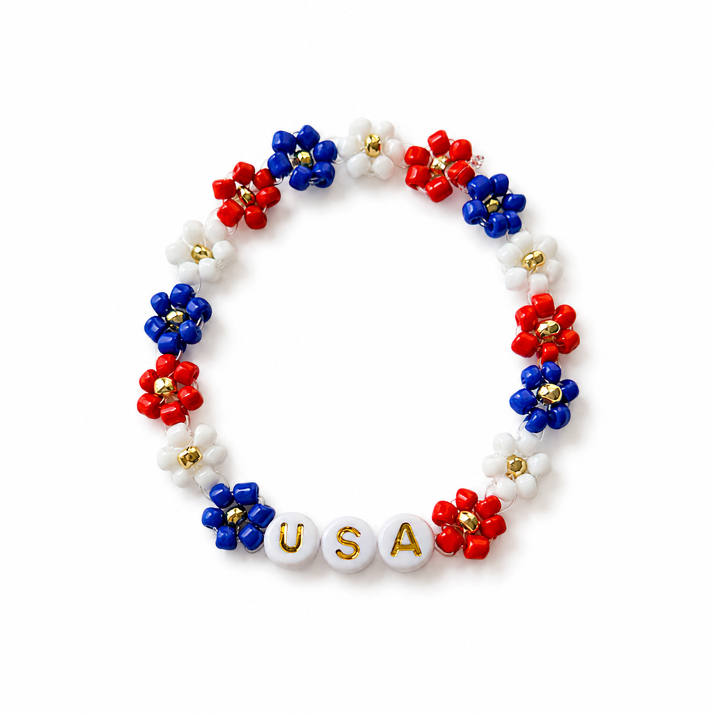 USA flower beaded bracelet | Fourth of july Beaded jewelry | red white and blue