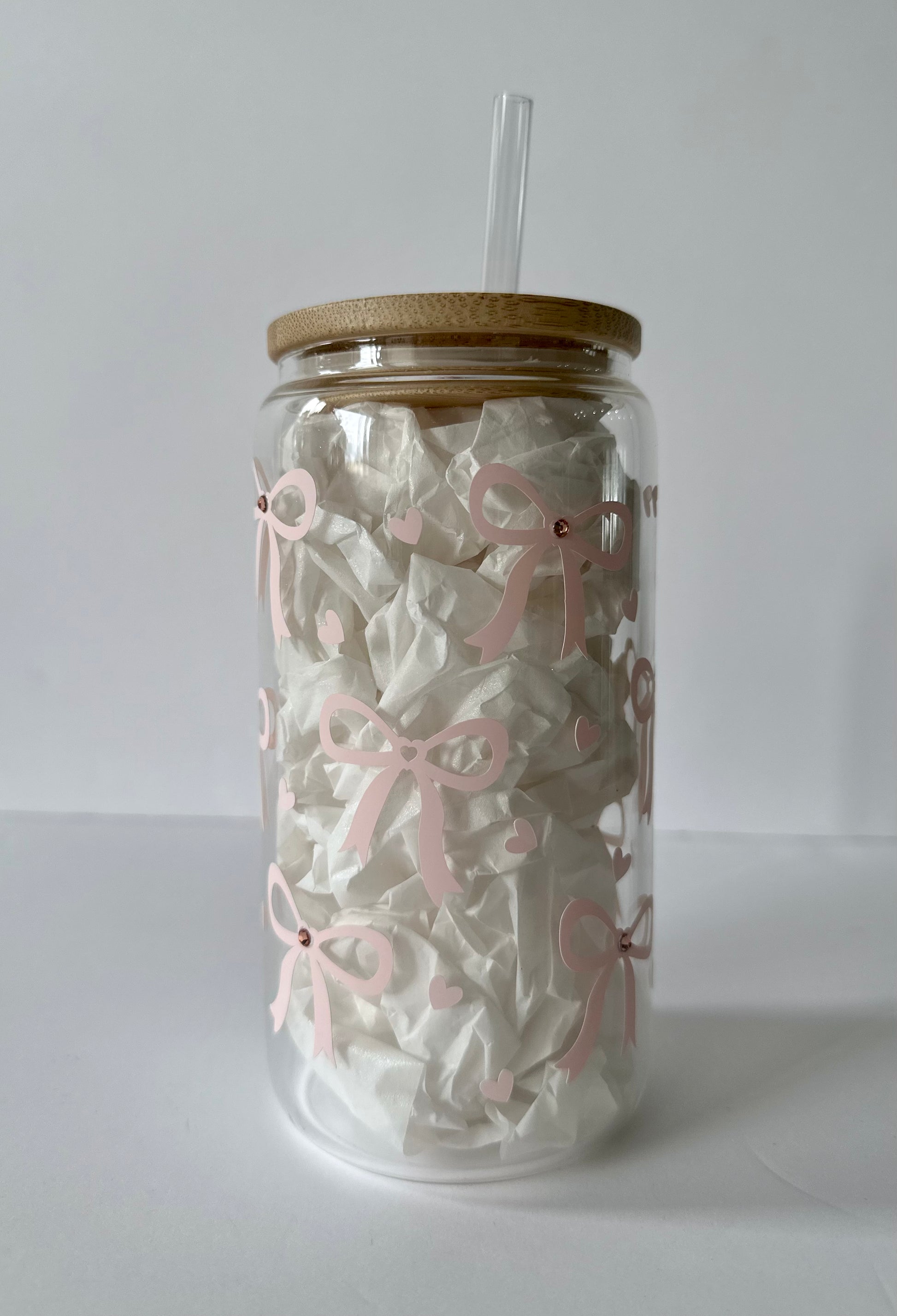 16 oz Rhinestone Bow Libbey Glass Cup with Bamboo Lid & Straw