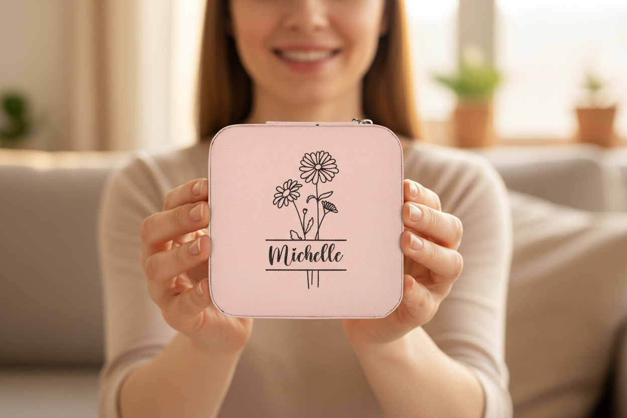 Personalized Floral Jewelry Travel Case – Compact Ring & Earring Organizer (Custom Name "Michelle")