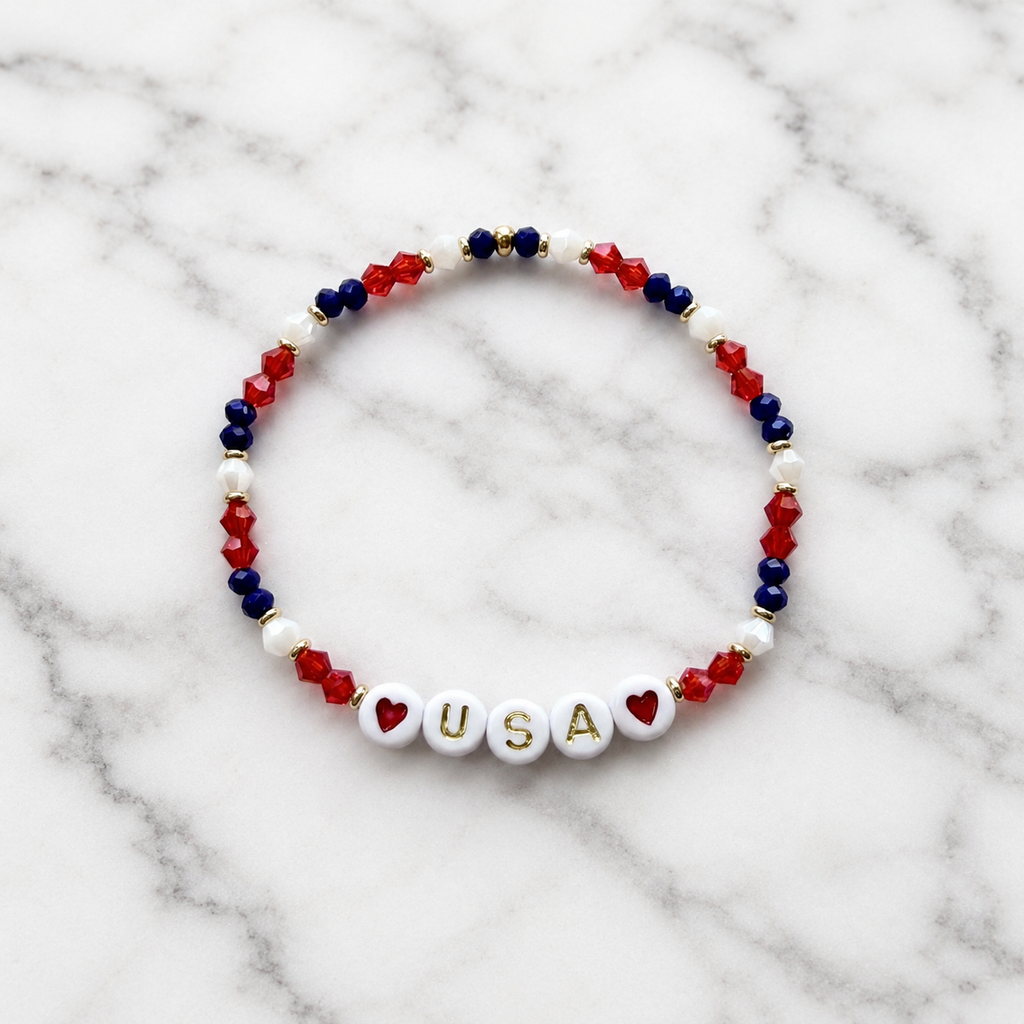 USA charm bracelet | Fourth of july Beaded jewelry | red white and blue