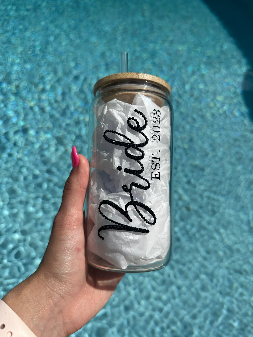 Bride Rhinestone 16 oz Glass Cup